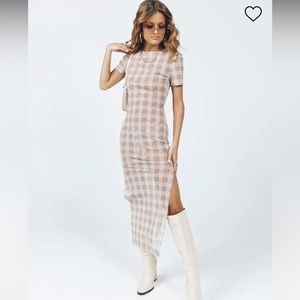 NWT Lioness Mayfair Midi dress beige plaid sheer mesh with slits